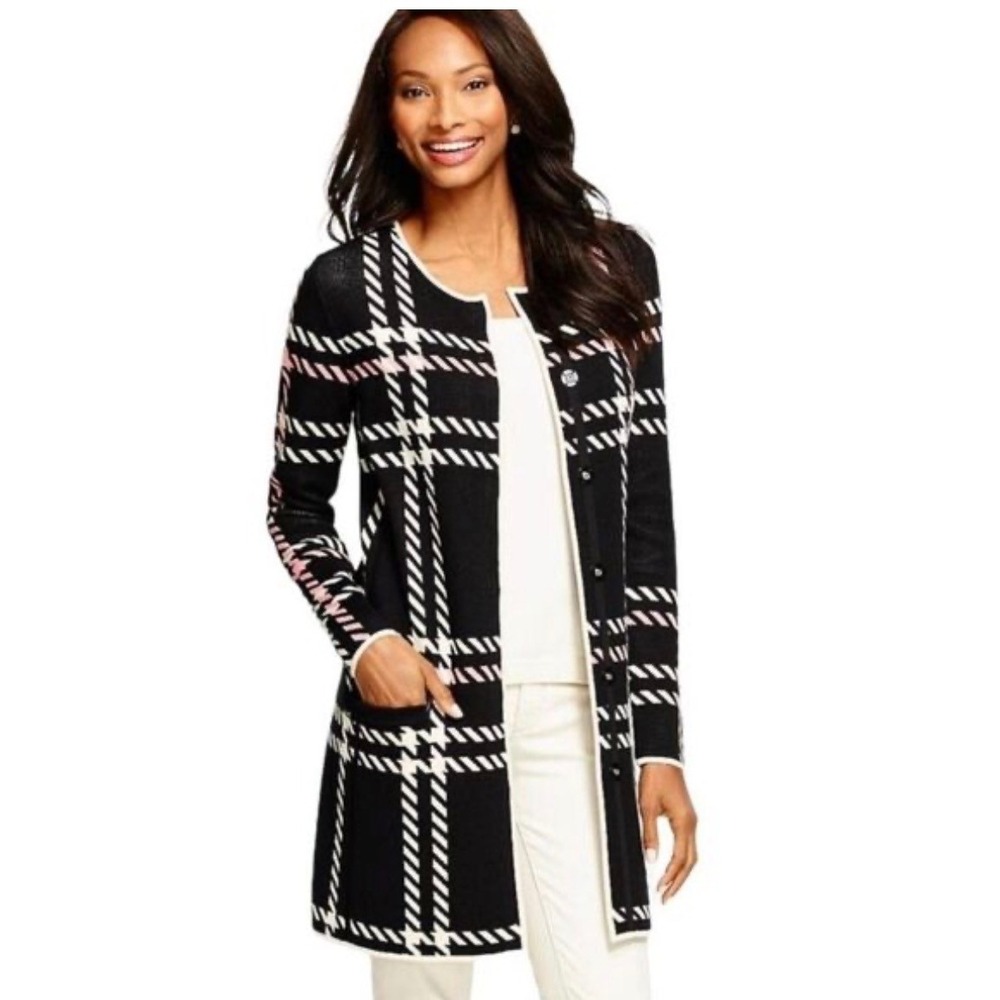 Talbots‎ Womens Black Pink Plaid Longline Cardigan Sweater Button Front Small